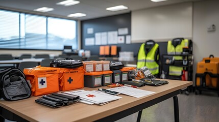 Safety Training Classroom Setup with First Aid Kits and Emergency Equipment Neatly Organized on Table