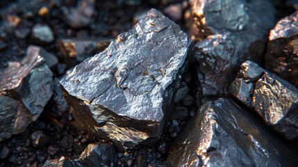 Chunks of coal are scattered on a rocky surface, reflecting sunlight with their glossy textures. The natural features highlight their mineral composition in a rugged environment.
