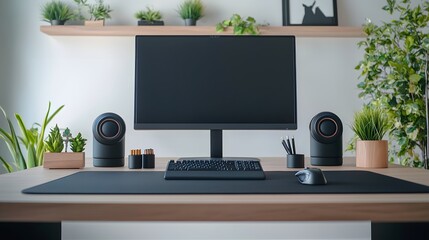 Clean and Minimalist Gaming Table Arrangement with Stylish Planters and Modern Desk Accessories