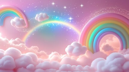 Whimsical Rainbow with Sparkling Clouds, A vibrant rainbow arching over fluffy clouds, perfect for enchanting backgrounds or design projects.
