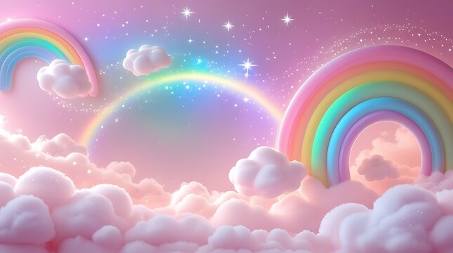 Whimsical Rainbow with Sparkling Clouds, A vibrant rainbow arching over fluffy clouds, perfect for enchanting backgrounds or design projects.