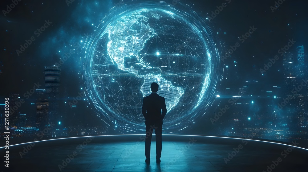 Poster Businessman Observing Digital Globe and Data Visualization Concept
