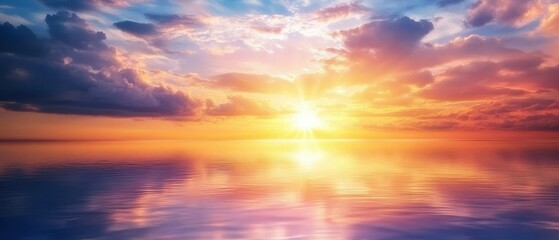 Fototapeta premium Sunset Over Water with Colorful Sky Reflections, Serene Landscape for Nature Lovers, Perfect for Travel and Scenic Photography Enthusiasts
