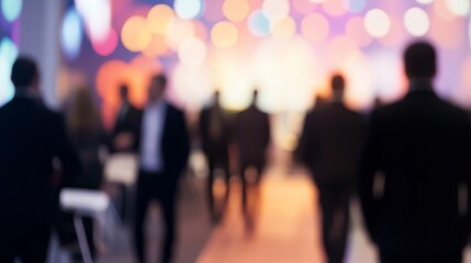 Out-of-focus investment forum background with stock market charts and financial experts networking, finance and economy event setting.