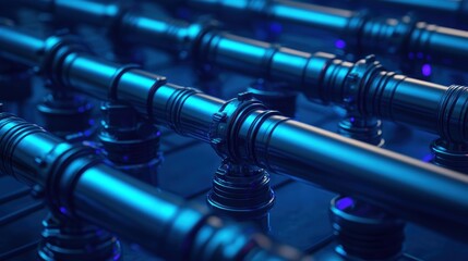 Close-up View of Interconnected Metallic Pipes in a Dark Industrial Setting with Futuristic Blue Lighting