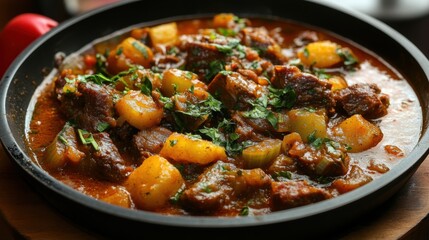 Delicious beef stew with fresh herbs and vegetables served in a rustic bowl.