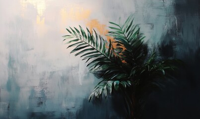 Naklejka premium Lush green palm leaves against a textured blue and gold wall, creating a serene indoor atmosphere