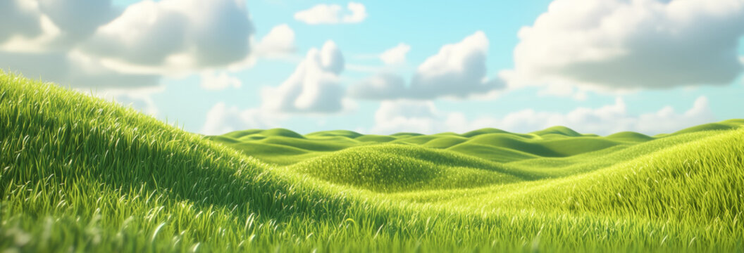 open field with smooth, rolling green hills in a 3D cartoon style.
