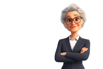 Smiling senior businesswoman cartoon character with crossed arms, exuding confidence and professionalism on white background