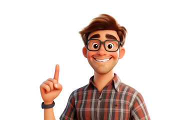 Man cartoon character wearing glasses and a plaid shirt, pointing up with his index finger and smiling on white background