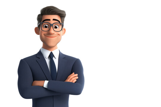 Smiling businessman cartoon character crossing his arms, conveying confidence and professionalism on white background