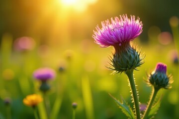 Obraz premium Golden Hour Blossom A vibrant pink thistle stands tall, bathed in the warm glow of the setting sun, surrounded by a field of blurred wildflowers.