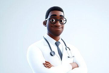 Fototapeta premium Friendly smiling doctor man cartoon character wearing glasses and a stethoscope, standing with arms folded, representing healthcare and medical expertise