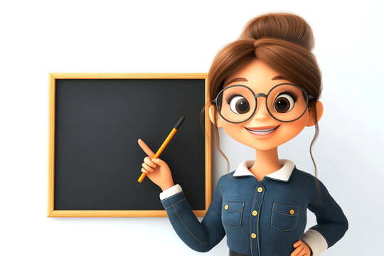 Teacher woman cartoon character with round eyeglasses pointing at a blackboard with a pen, teaching a lesson to her students on white background
