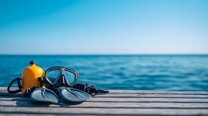 Fototapeta premium Divers Equipment with Mask and Fins Resting on a Wooden Dock by Calm Blue Ocean Water