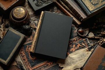 Mystical Black Book Mockup  Antique Gold Accents, Vintage Textures, Spellbinding Atmosphere.