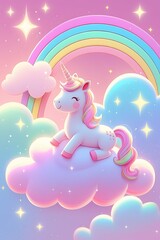 Colorful Unicorn on Cloud with Rainbow Background