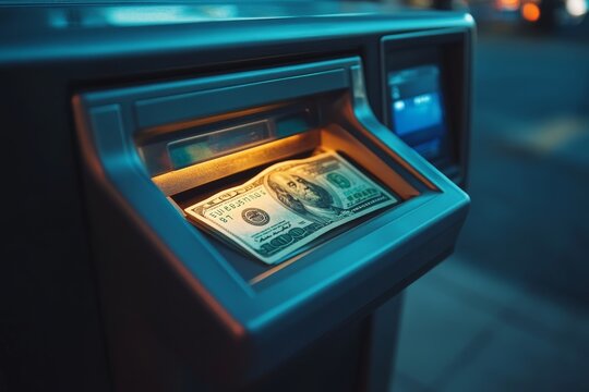 Cash Withdrawal at Modern ATM Machine at Night in City Setting