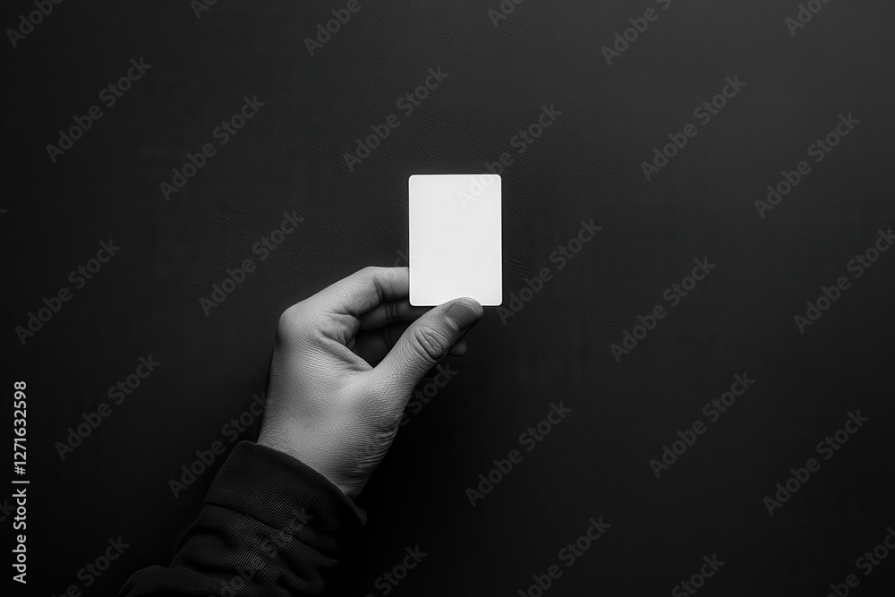 Poster hand holding a blank card against a dark background in minimalist style