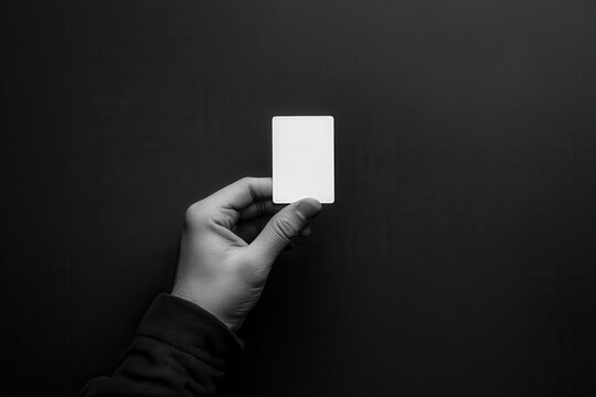Hand holding a blank card against a dark background in minimalist style