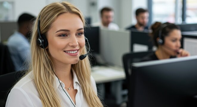 A skilled rep provides client support in a busy call center environment