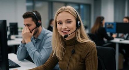 A customer service representative smiles while engaging with clients in a vibrant office