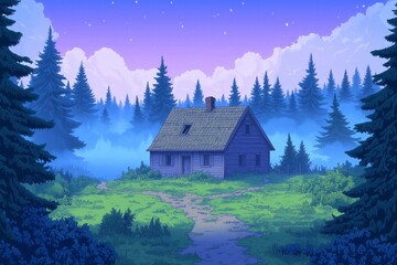 Pixel Art Cozy Vintage Cabin Surrounded by Lush Forest Under a Starry Sky