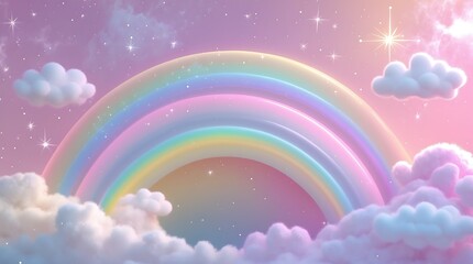 Whimsical Rainbow with Sparkling Clouds, A vibrant rainbow arching over fluffy clouds, perfect for enchanting backgrounds or design projects.