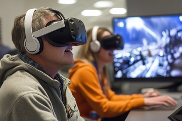 Engaging individuals experience virtual reality in a technology lab during a casual gathering
