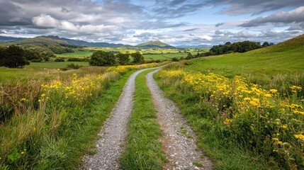 Fototapeta premium Gravel Road Winding Through a Sunny Green Field and Rolling Hills