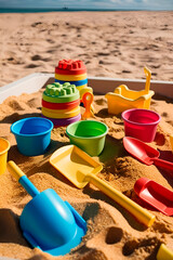 Toys for the sandbox located on the sandy beach, bright sand molds, buckets and shovels, made in different colors.