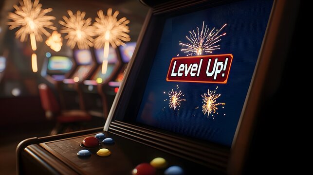 Retro Arcade Game Screen Featuring Level Up Design with Colorful Pixel Graphics and Celebration Effects