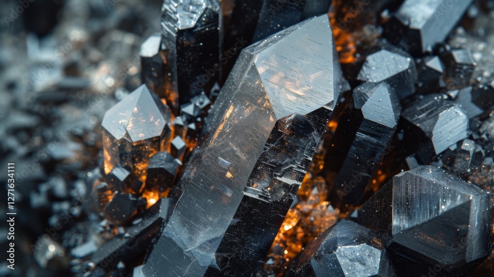 Poster A captivating array of black and clear crystals with sharp edges and glittering surfaces, arranged closely together, illuminated by a warm glow revealing their unique textures and formations.
