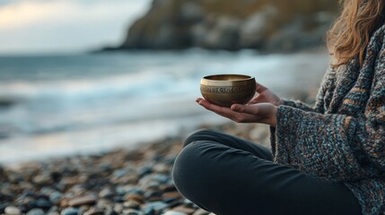 A serene scene featuring a person meditating by the ocean, holding a bowl, surrounded by pebbles and the soothing sound of waves.