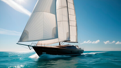 A sailboat with white sails is sailing on the sea on a warm summer day.