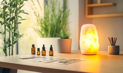 A serene image of a sophisticated workspace designed for spiritual practices and elegance, capturing a tranquil atmosphere.