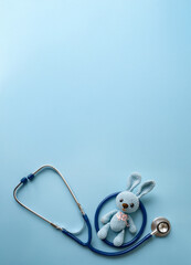 Blue Stethoscope with Cute Crochet Bunny – Pediatric Healthcare and Medical Care Concept, background 
