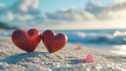 Fototapeta premium Red heart shapes on sandy beach at sunset with blurred ocean waves and soft bokeh background, romantic seaside valentine concept for love stories and greeting cards.