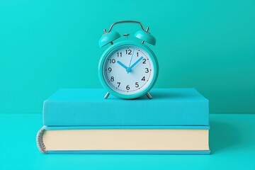 A turquoise alarm clock placed on top of two stacked books against a bright blue background.
