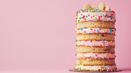This tall birthday cake showcases vibrant layers of fluffy sponge, creamy icing, and a charming array of sprinkles, bringing joy to any celebration. The playful details invite smiles and delight