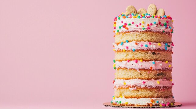 This tall birthday cake showcases vibrant layers of fluffy sponge, creamy icing, and a charming array of sprinkles, bringing joy to any celebration. The playful details invite smiles and delight