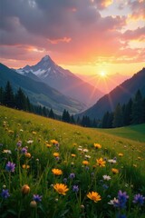 A tranquil meadow at sunset with a hint of snow on the distant mountains, mountains, serene, peaceful