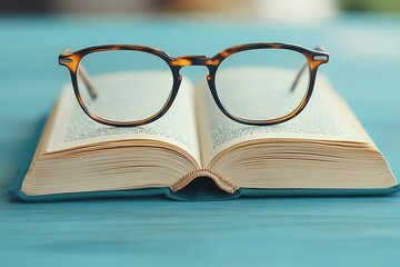 A pair of glasses resting on an open book on a blue table.