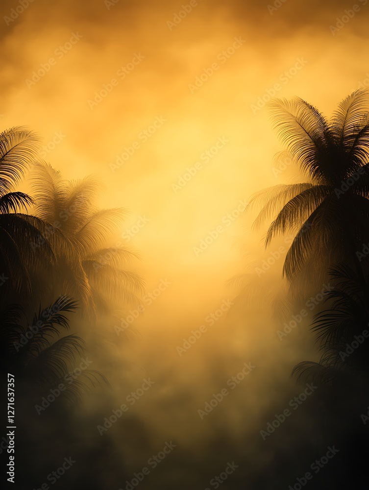 Poster a captivating image of a tropical dusk featuring eerie silhouettes, perfect for enhancing mood in va