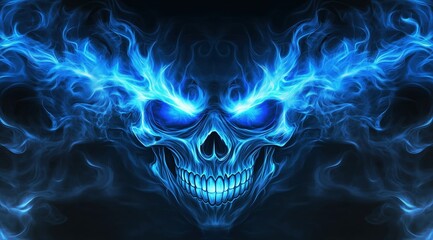 Fototapeta premium A striking skull design surrounded by vibrant blue flames on a dark background.