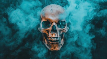 A realistic skull with a detailed texture, enveloped in blue smoke against a dark background.
