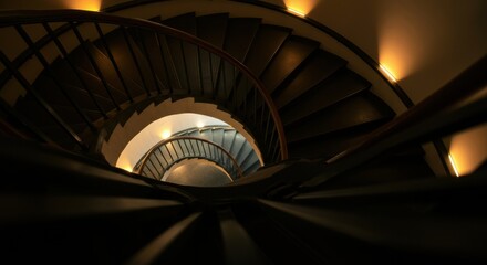 Fototapeta premium Spiral staircase viewed from above, showcasing elegant design and lighting