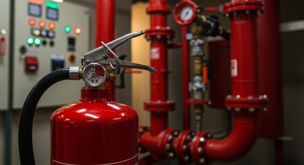 Red fire extinguisher mounted on wall near industrial pipeline system. Emergency firefighting equipment in commercial building. Safety system for fire protection