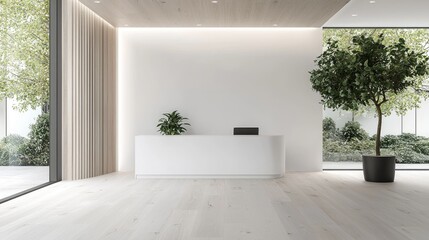 Fototapeta premium Minimalist white reception desk in a modern office lobby with bright natural light and green plants.