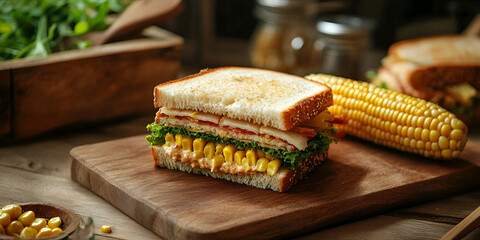 Grilled Cheese Sandwich with Roasted Corn on a Rustic Wooden Board and Warm Lighting

